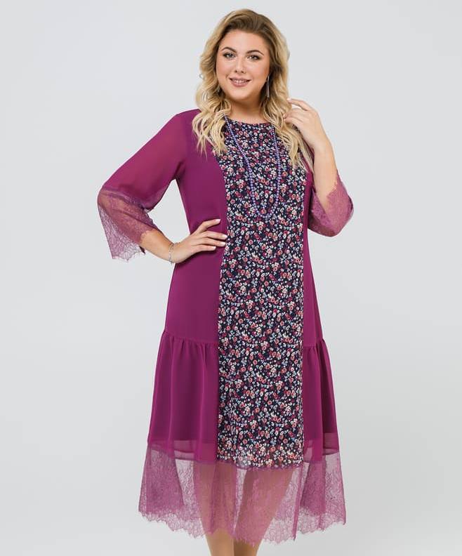 Шифоновое платье с принтованной вставкой и кружевом, лиловое