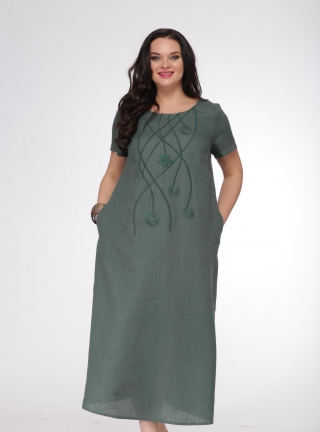 Зеленое платье силуэта трапеции с гладкой вышивкой