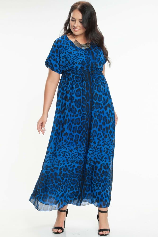 Длинное приталенное платье с коротким рукавом, синее