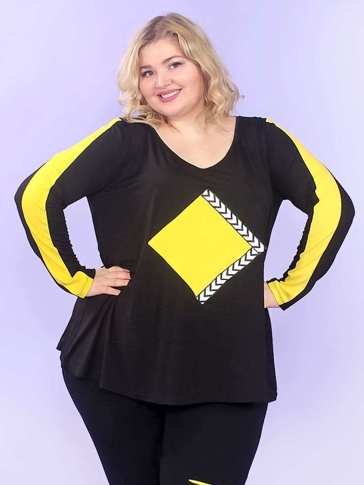 Свободная блузка с желтыми вставками, черная