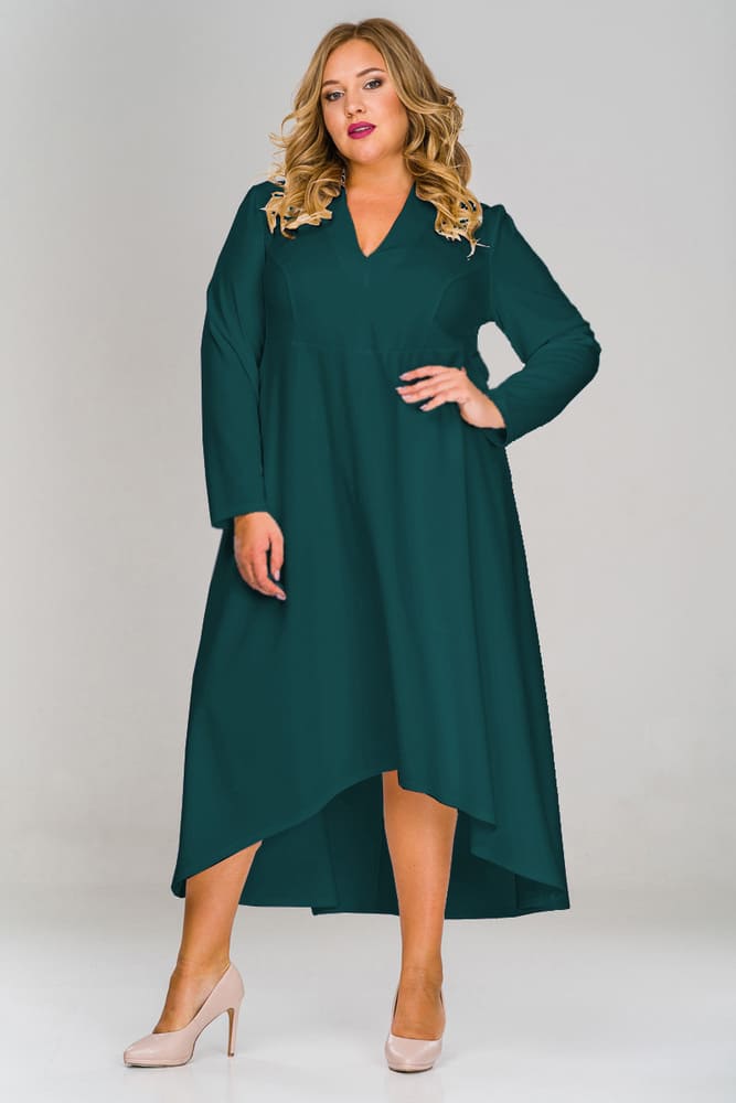 Платье с асимметричным низом и воротником-стойкой, зеленое
