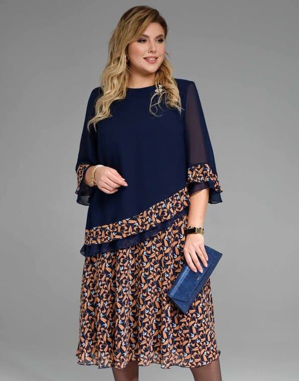 Свободное шифоновое платье с дизайном, темно-синее