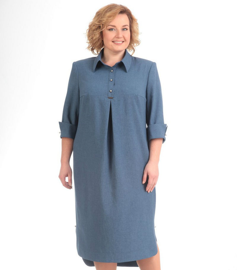 Свободное платье на пуговицах с декоративной складкой, голубое