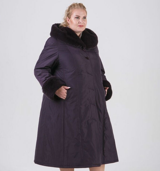 Свободное зимнее пальто с мехом норки, баклажан