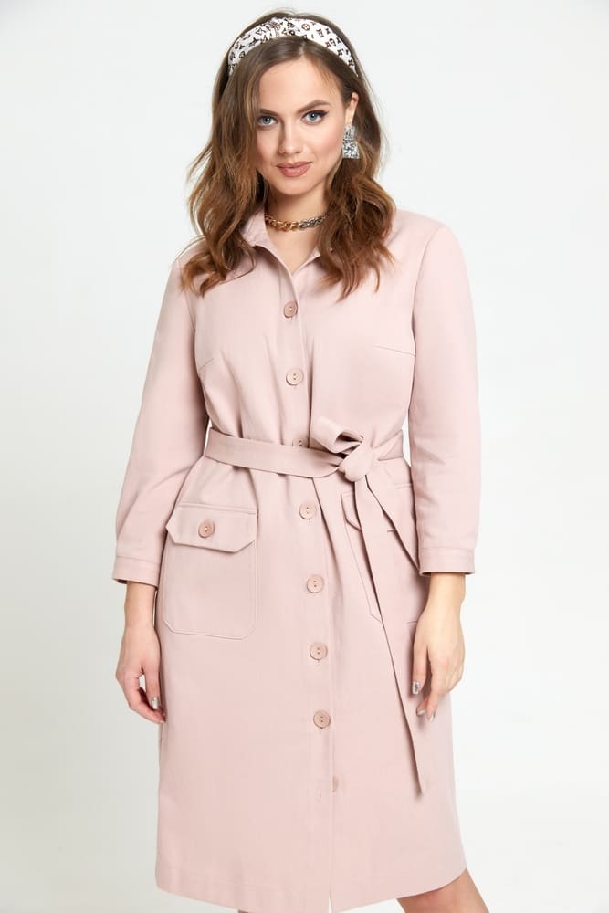 Джинсовое платье-рубашка с поясом, розовое