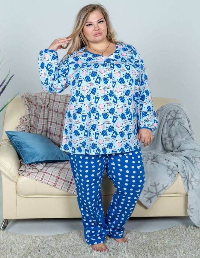 Пижама из брюк и кофты с длинным рукавом, синяя с голубым