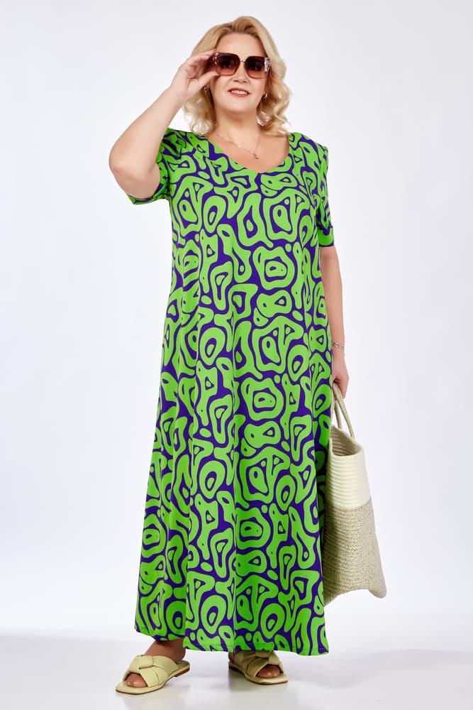 Расклешенное платье в пол с карманами, зеленое