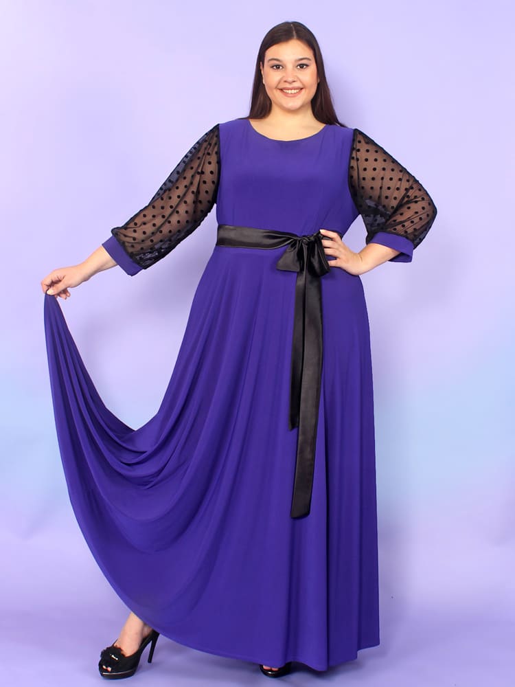 Платье в пол с рукавом из сетки в горох, фиолетовое