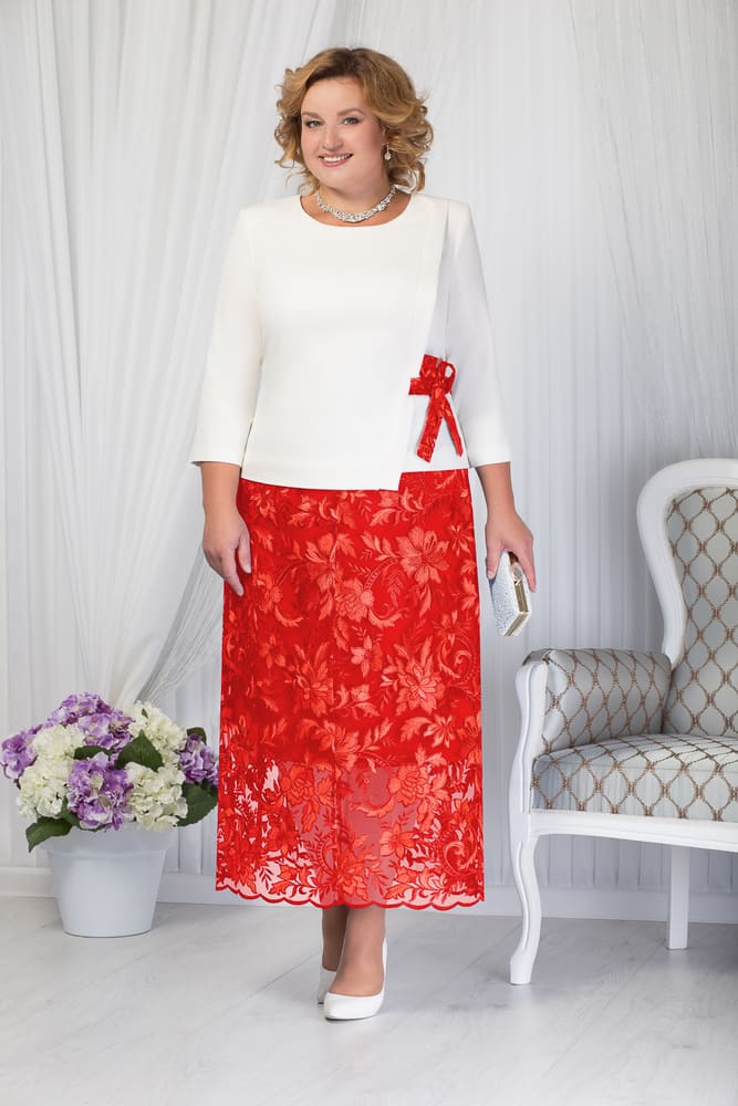 Комплект из длинной юбки и асимметричной блузки, красный с белым