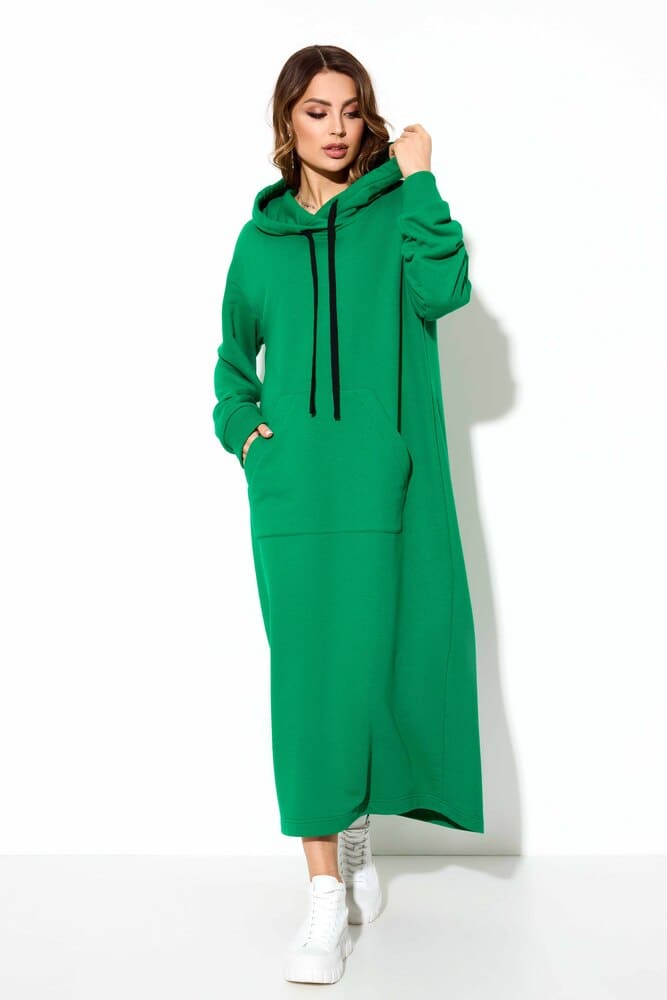 Длинное трикотажное платье с капюшоном, зеленое