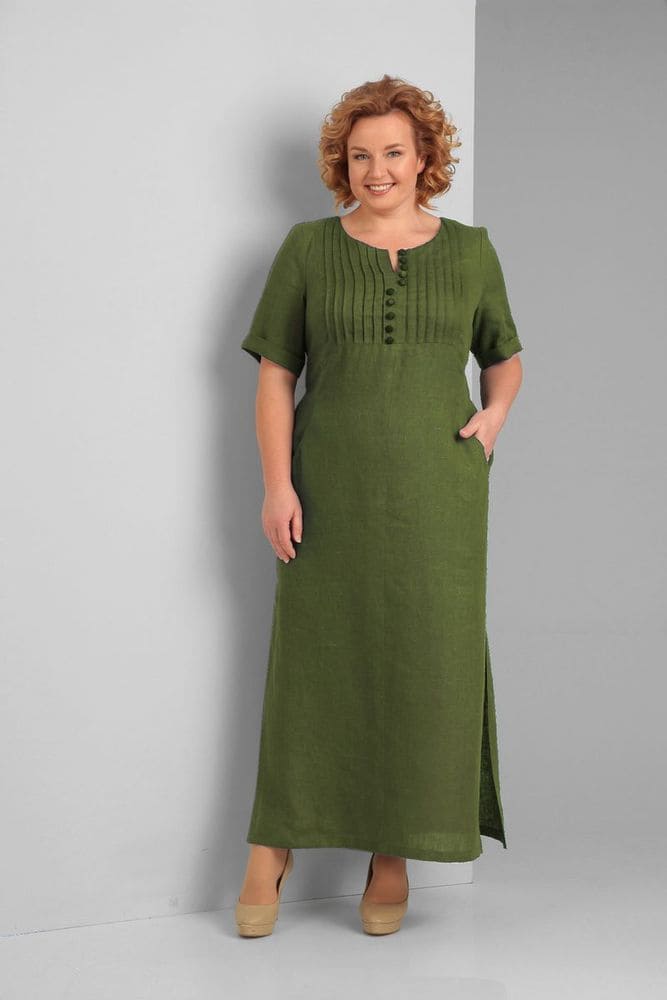 Длинное льняное платье с декором, зеленое