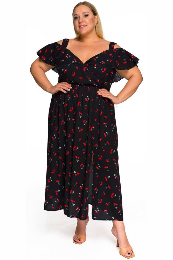 Платье-сарафан с воланом на лифе, вишни на черном