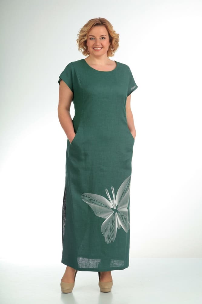 Длинное льняное платье с принтом "бабочка", зеленое