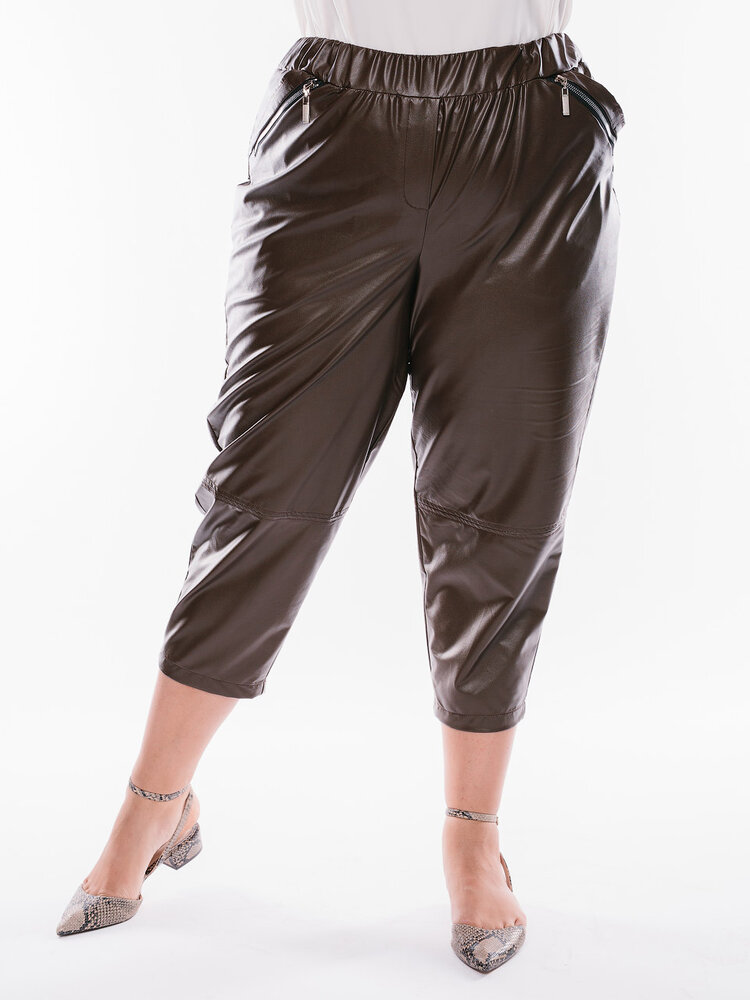 Кожаные брюки с декоративной молнией на карманах, коричневые