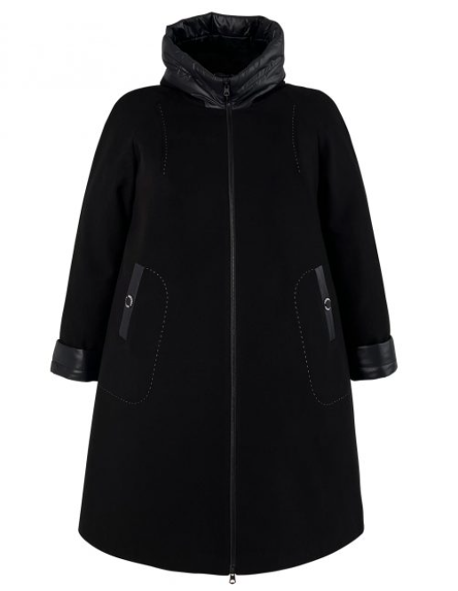 Драповое пальто с декором стеганой плащевкой, черное