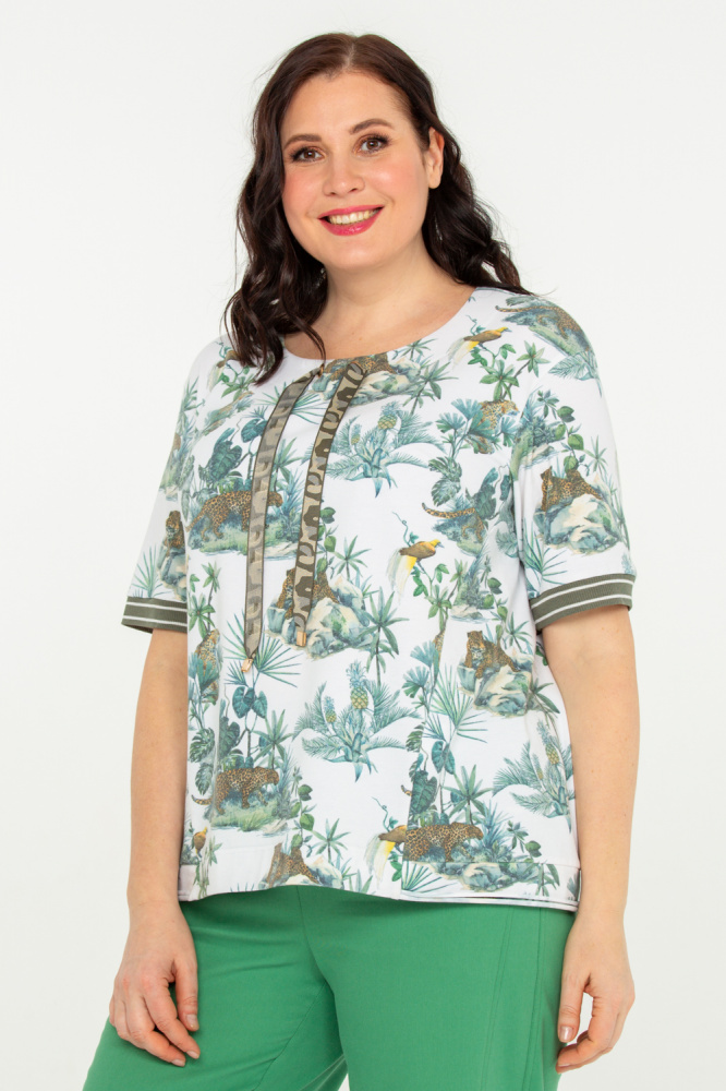 Блузка с тропическим принтом и тесьмой, белая