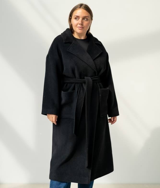 Драповое двубортное пальто с английским воротником, черное