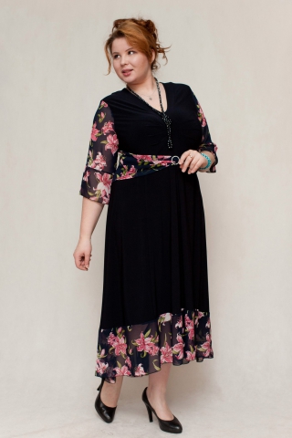 Платье чёрное с лилиями, лёгкий трикотаж и шифон