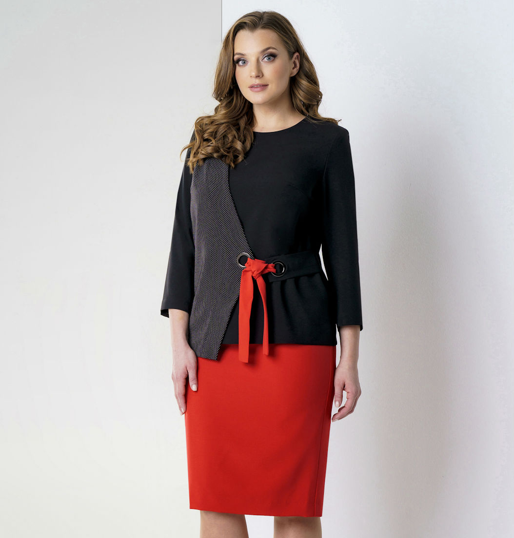 Комплект из юбки и жакета с декоративной завязкой-поясом, черный с красным