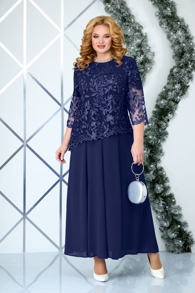 Комплект из длинного платья и гипюровой блузки, темно-синий