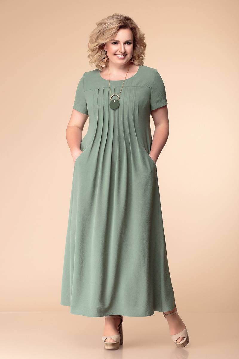Длинное расклешенное платье с декоративными складками, зелень