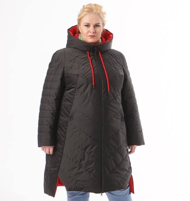 Демисезонное пальто с комбинированной стежкой, черное с красным