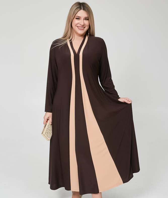 Длинное расклешенное платье с контрастной вставкой, темно-коричневое