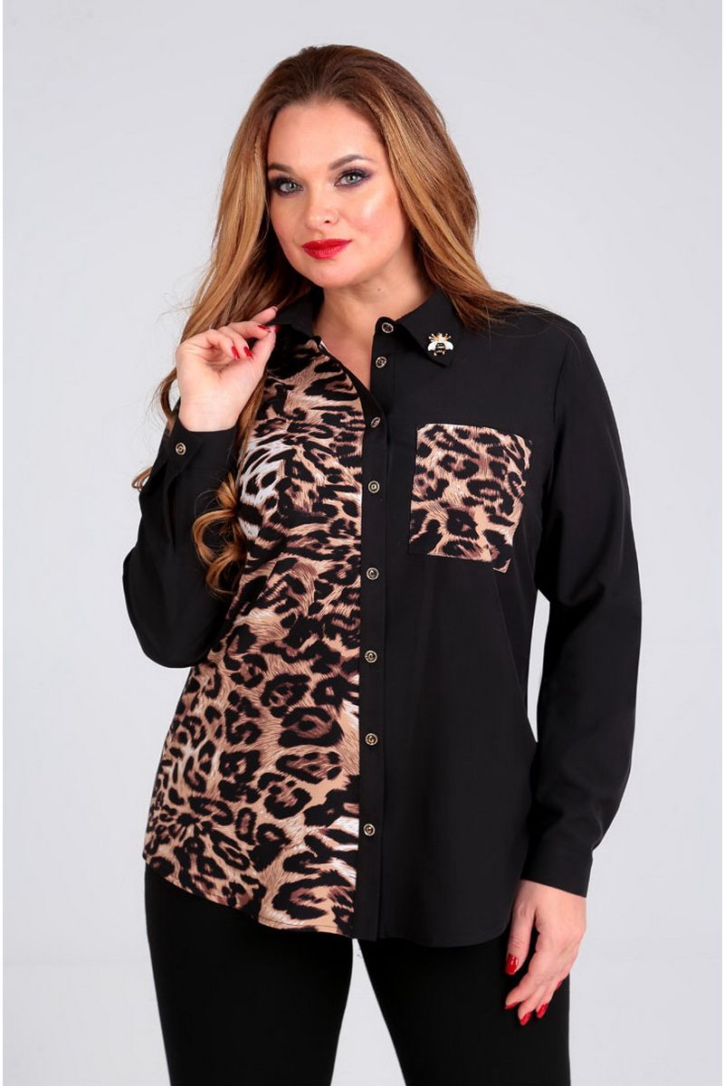Свободная блузка с леопардовыми вставками, черная