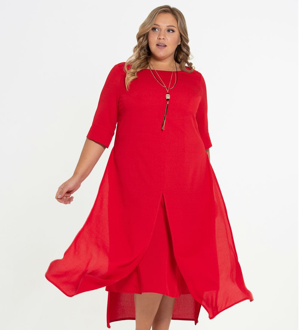 Двухслойное платье с коротким рукавом, красное