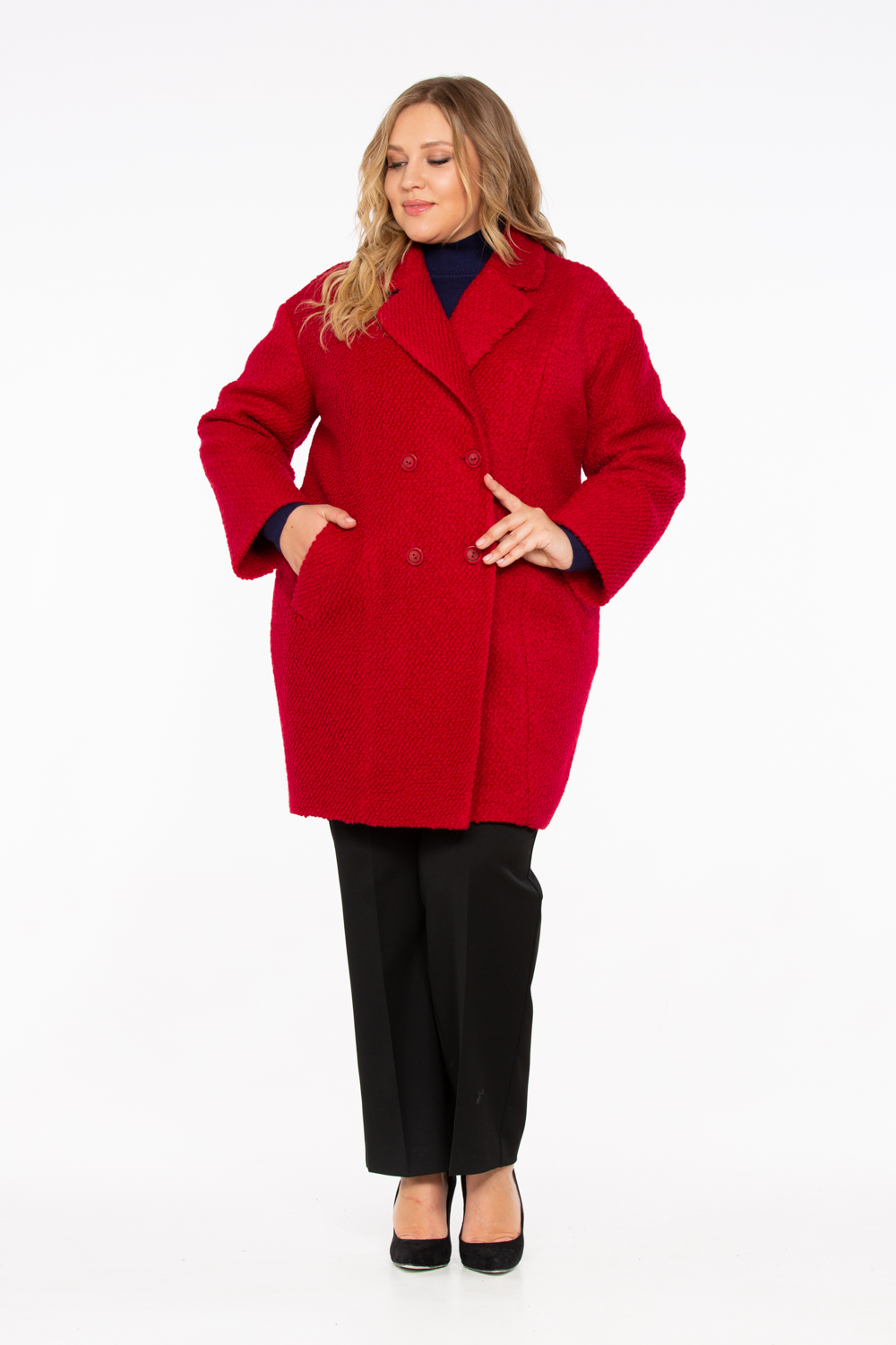 Буклированное пальто с двубортной застежкой, красное