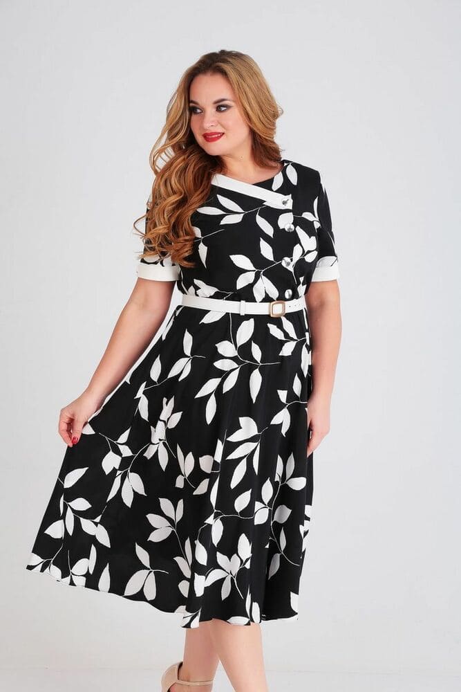 Расклешенное платье с имитацией застежки, черно-белое