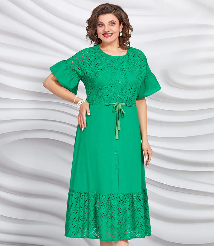 Длинное платье с хлопковым шитьем, зеленое