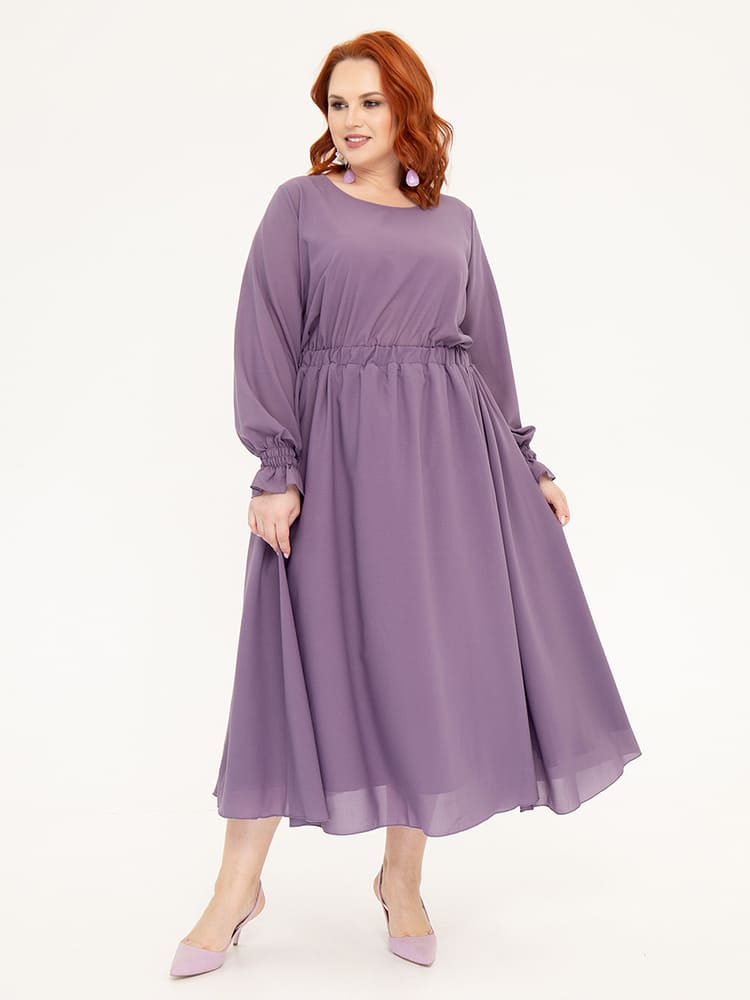 Платье с резинкой на талии и рукавах, фиолетовое