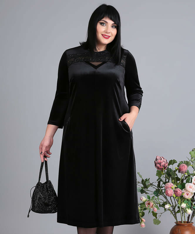 Расклешенное бархатное платье с декором, черное