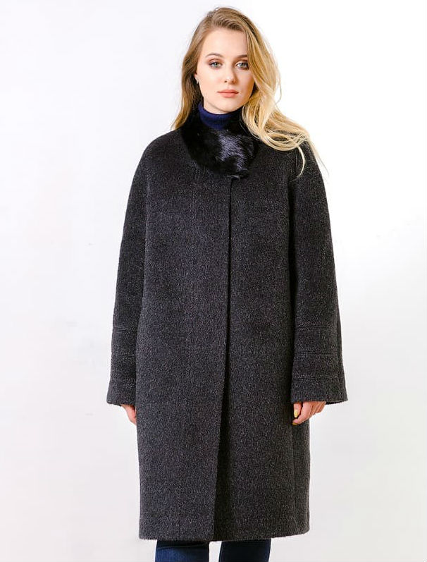 Прямое зимнее пальто со съемной норковой горжеткой, черное