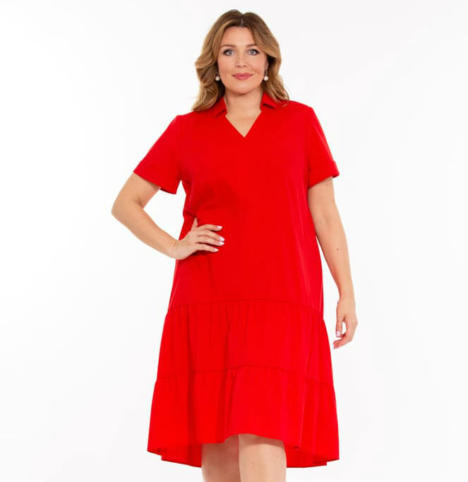 Платье с перепадом длины и коротким рукавом, красное