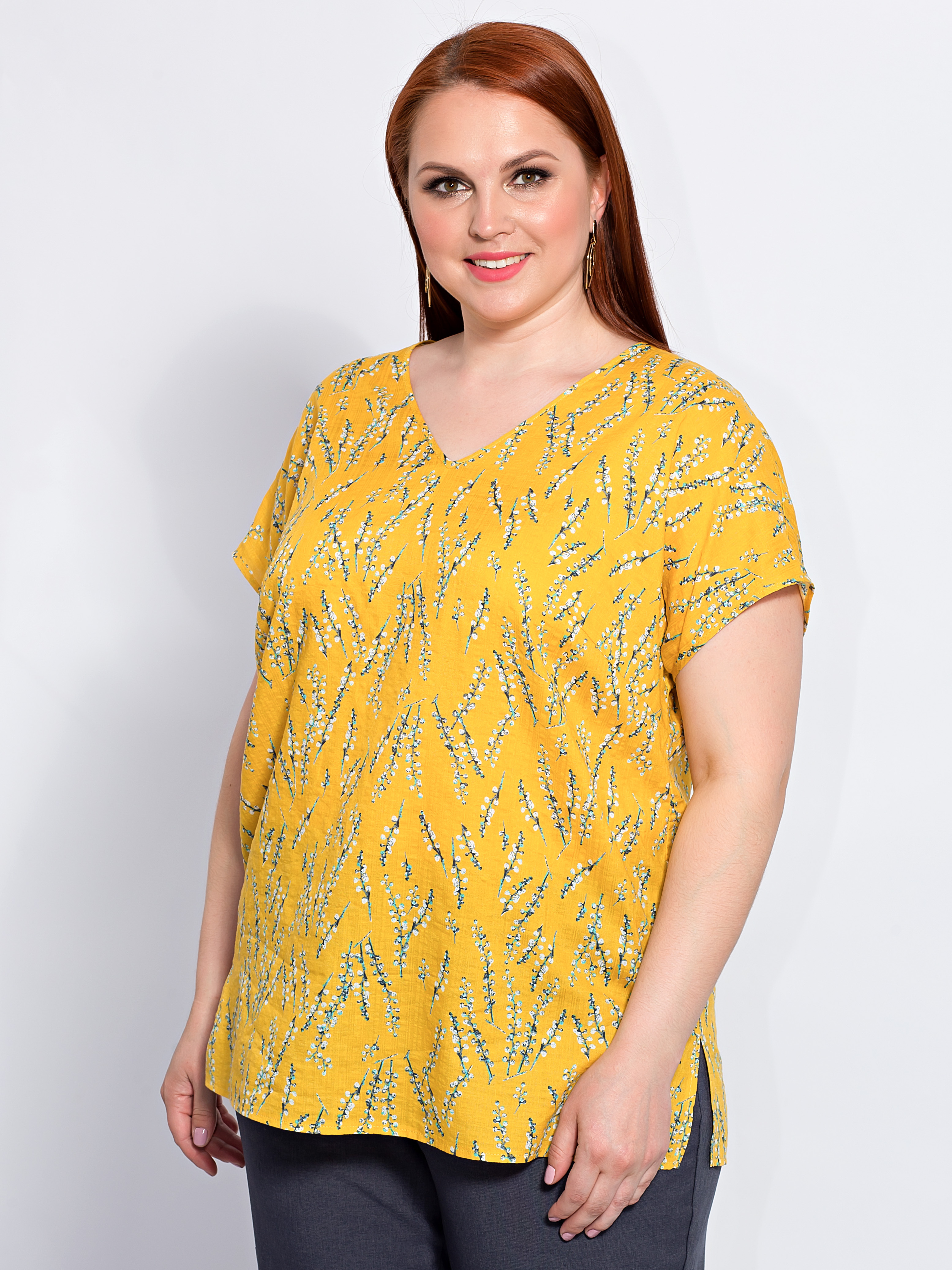 Блуза желтая с ирисами большой размер