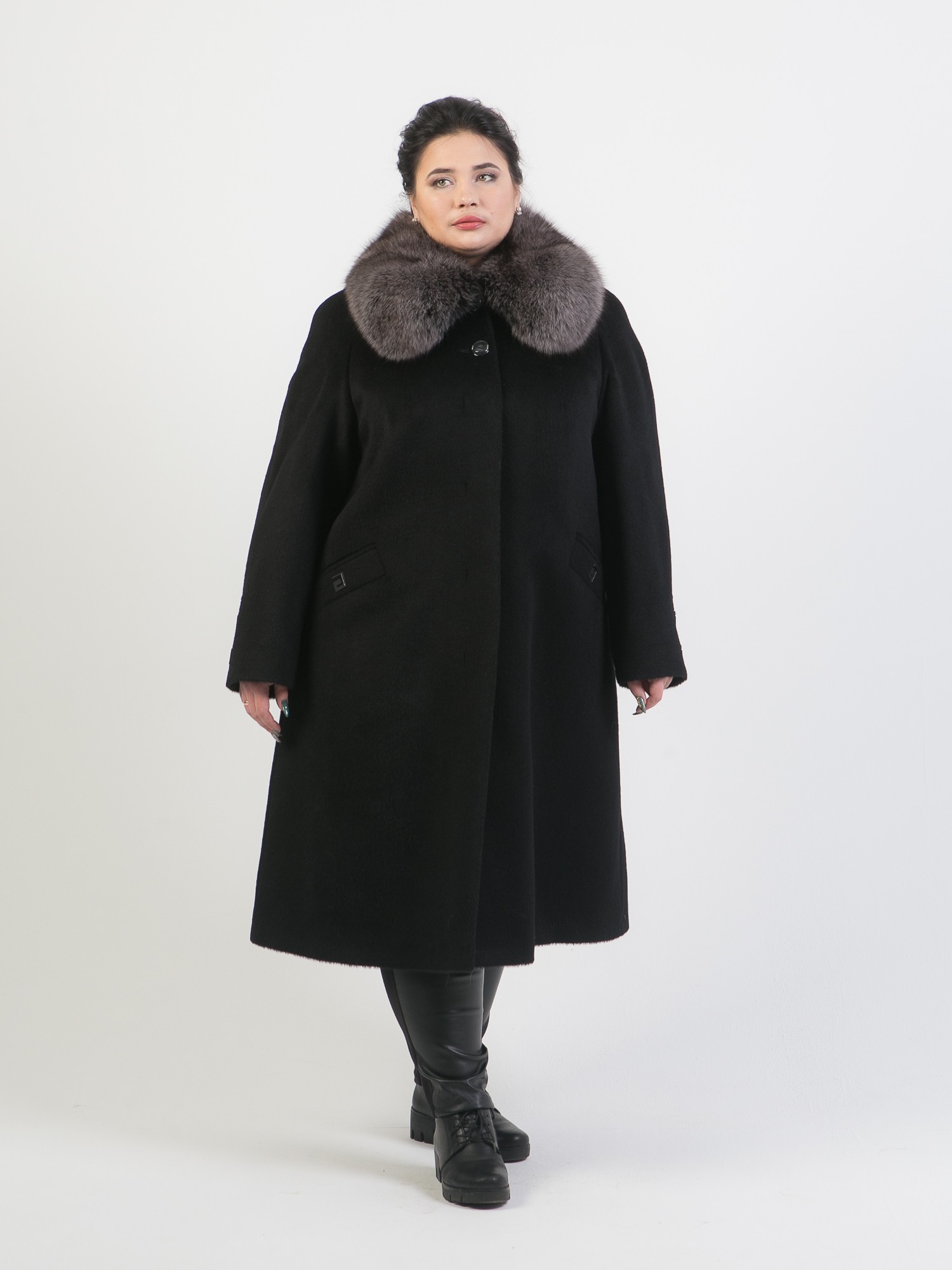 Зимнее ворсовое пальто из Альпаки с воротником из песца, черное
