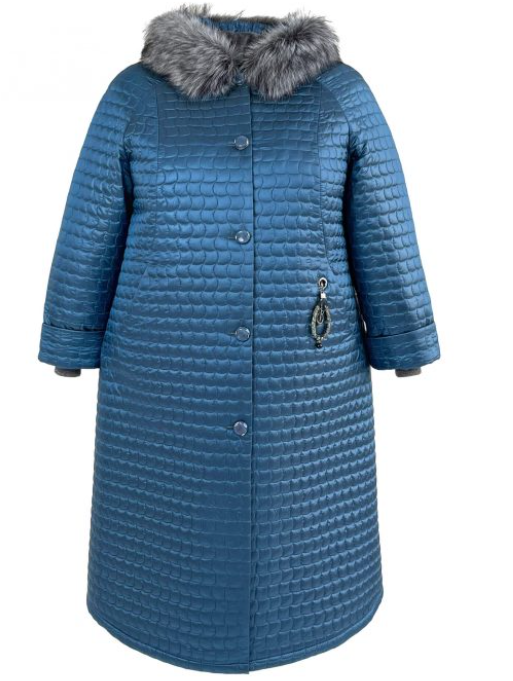 Длинное стеганое пальто с мехом на капюшоне, синее