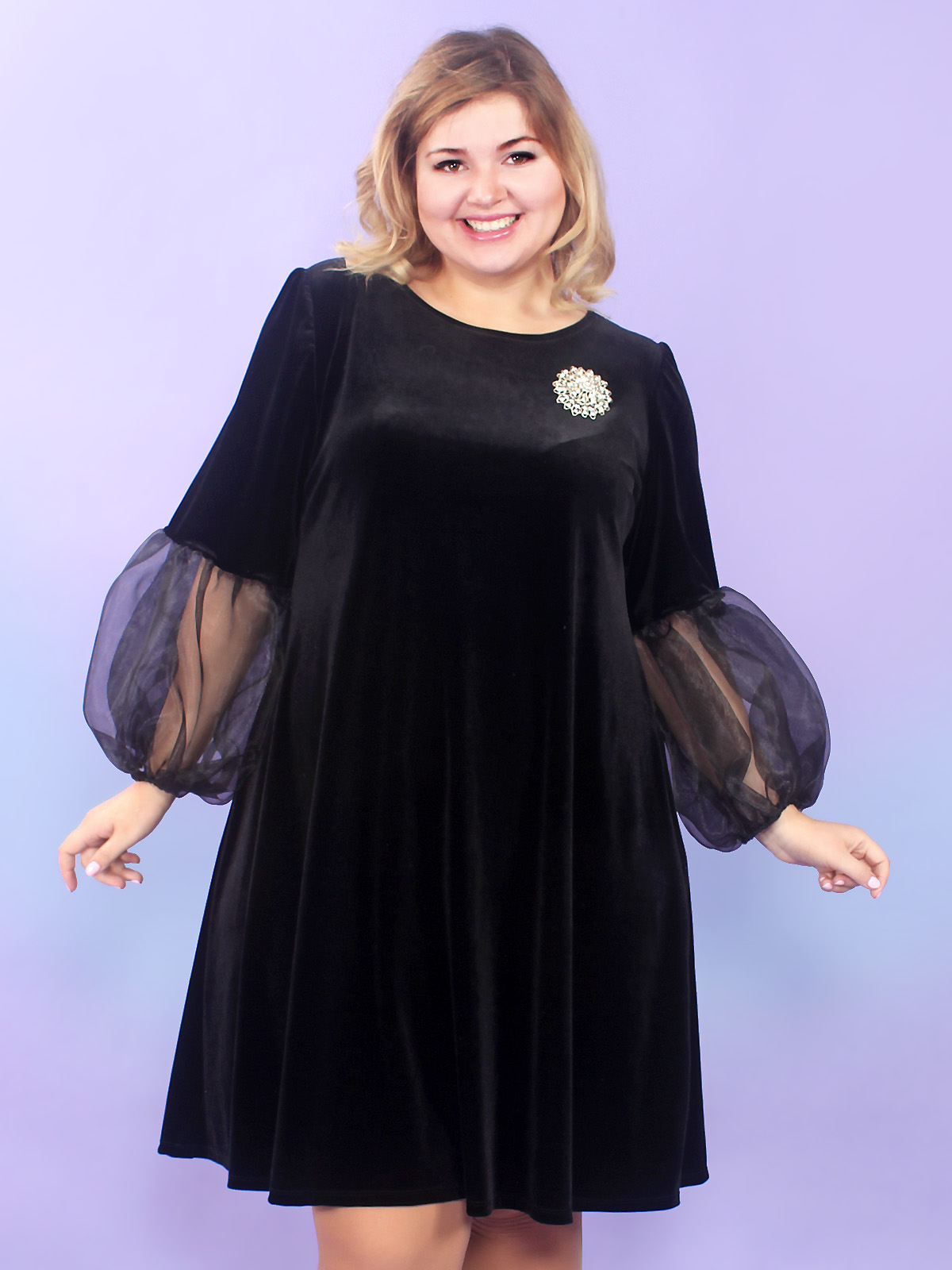 Велюровое платье с фонариками на рукавах из органзы, черное