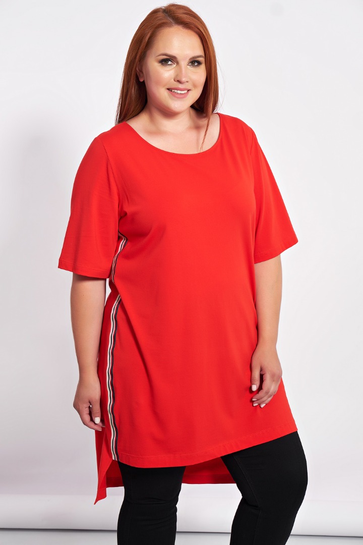 Асимметричное платье-туника с лентой по бокам, красное