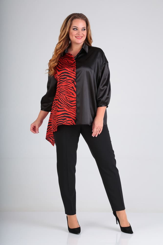 Комплект из брюк и двухцветной блузки, черный с красным