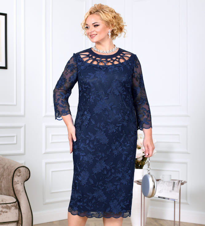 Приталенное платье с атласным плетением спереди, темно-синее