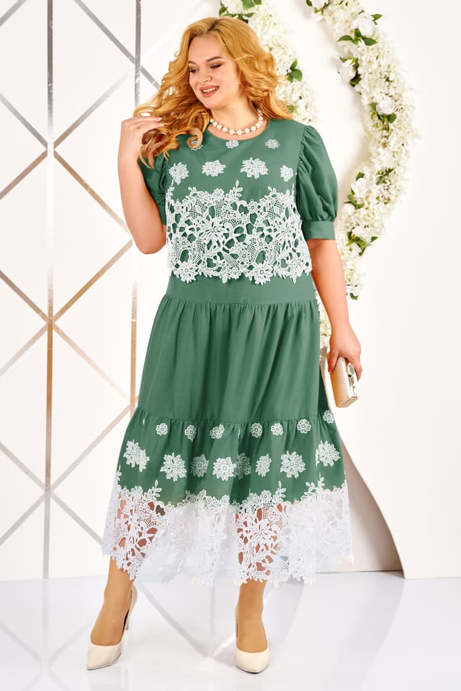 Расклешенное платье с кружевом, зеленое