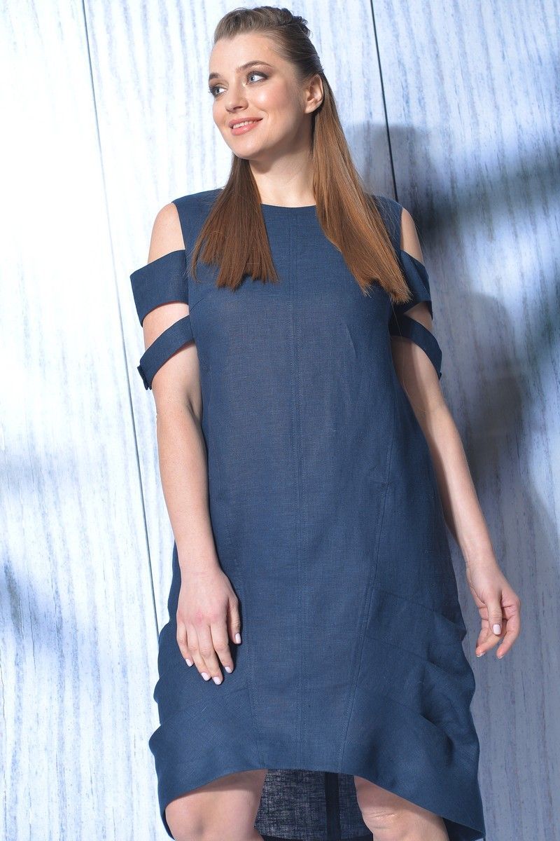 Свободное льняное платье с вырезами на рукавах, синее