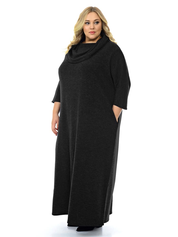 Длинное меланжевое платье с объемным воротником, черное