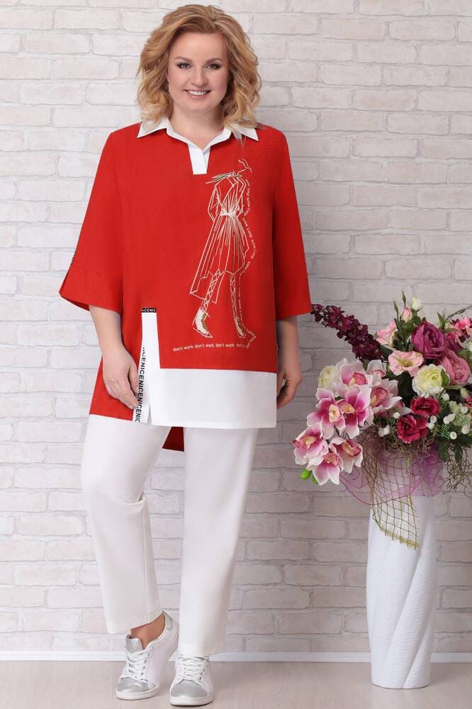 Летний комплект из брюк и яркой блузы с декором, красный