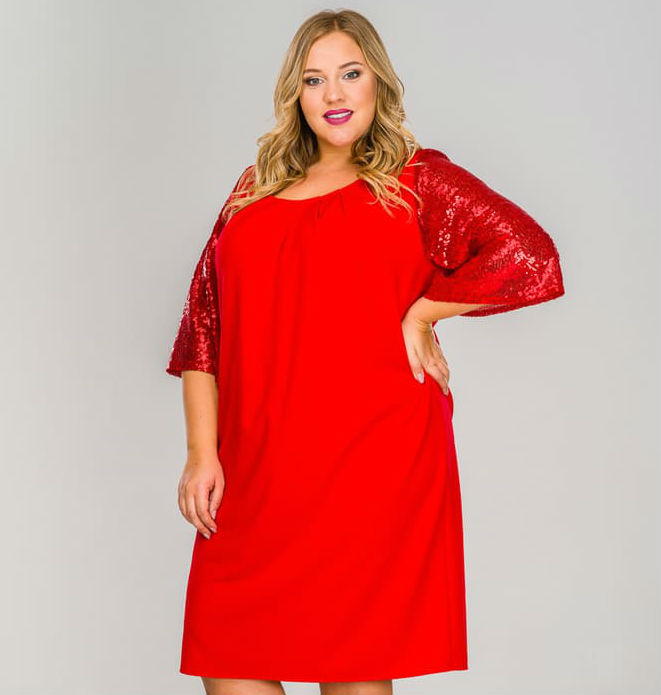 Платье с широким рукавом из пайеток, красное