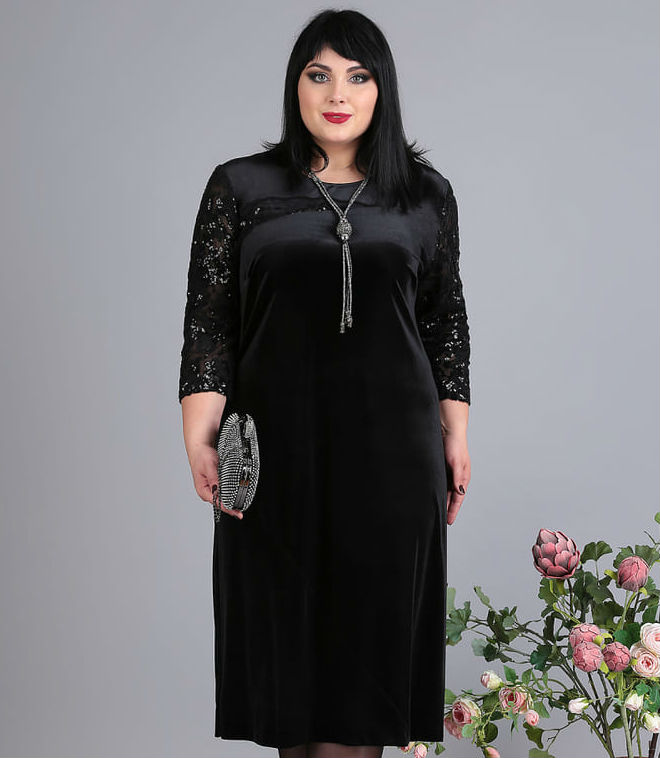 Велюровое платье с пайетками на рукавах, черное