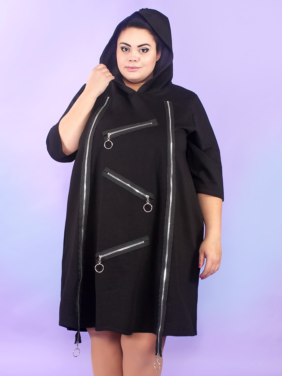 Трикотажное платье с капюшоном и декоративными молниями, черное